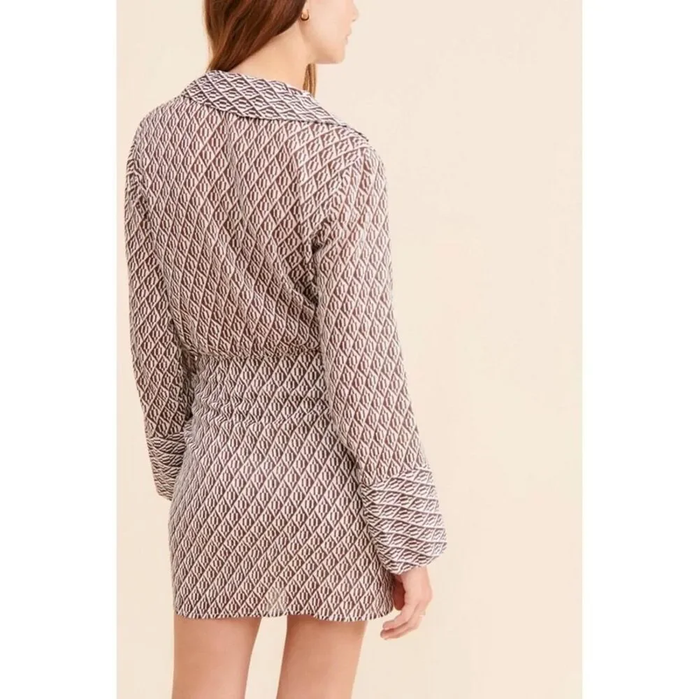 Free People Rillo Shirtdress Button Up Tie Long Sleeve Brown White Size Small